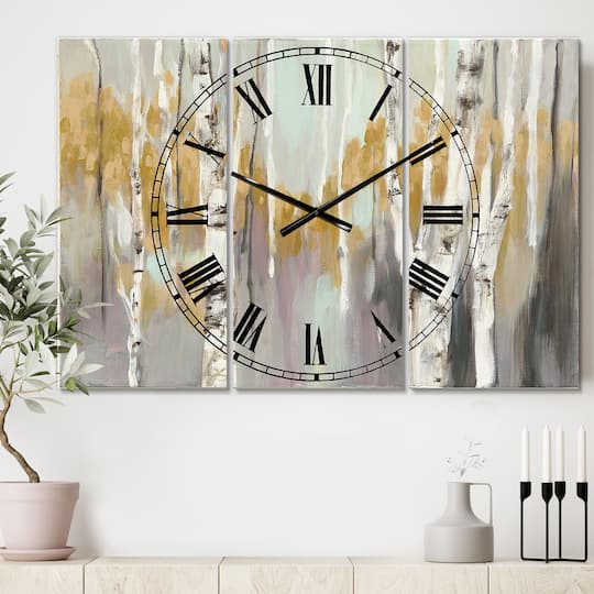 Designart Silver & Yellow Birch Forest Farmhouse 3 Panel Wall Clock